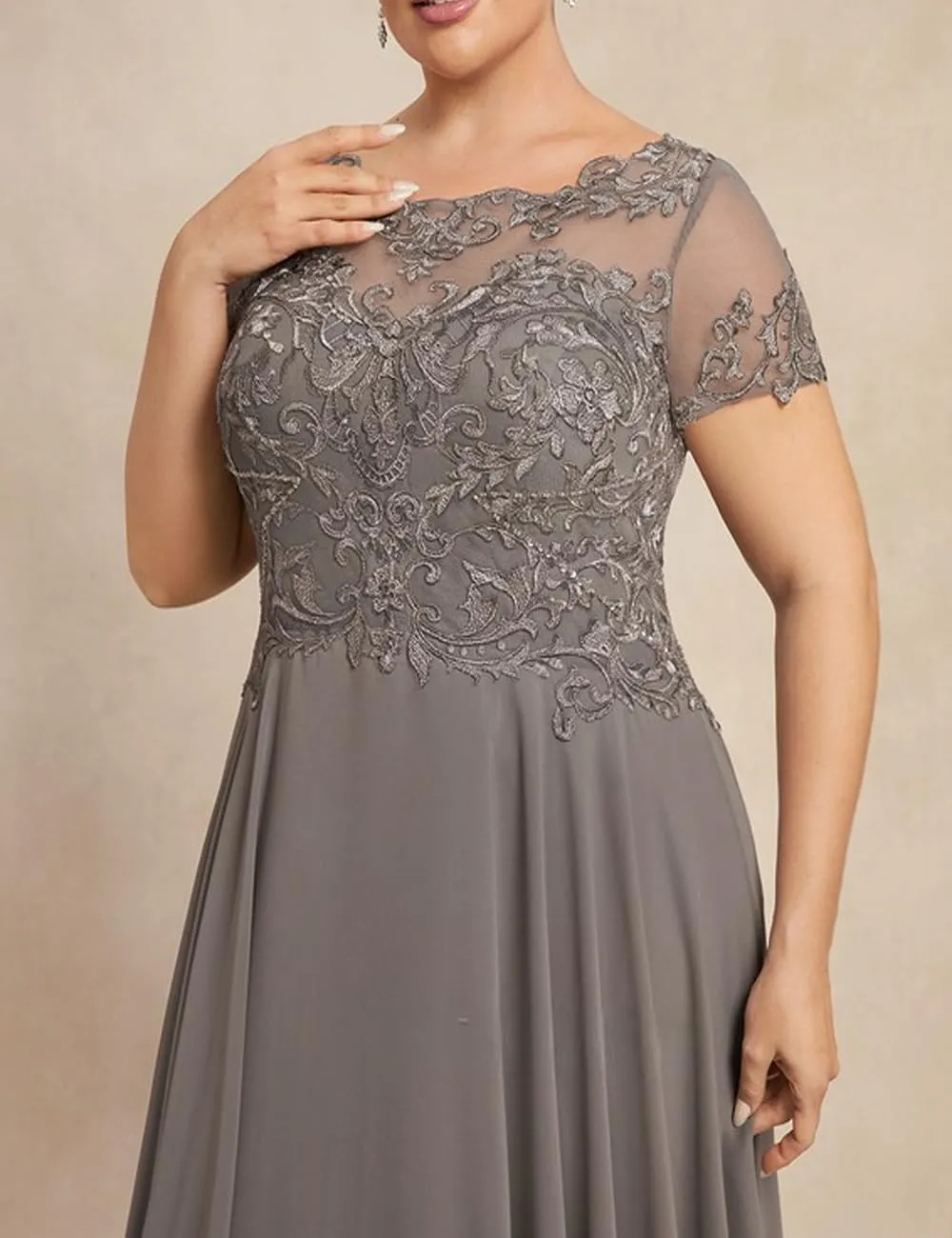 Lace Appliques Mother of The Bride Dresses for Wedding Asymmetrical Chiffon Evening Formal Dresses Short Sleeve RA03
