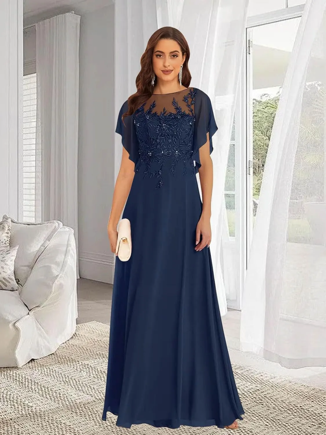 Lace Appliques Mother of The Bride Dresses with Sleeves A line Chiffon Formal Wedding Party Gowns for Women