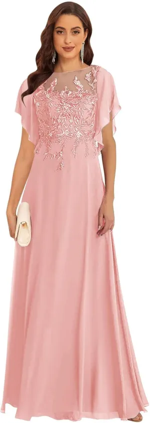 Lace Appliques Mother of The Bride Dresses with Sleeves A line Chiffon Formal Wedding Party Gowns for Women