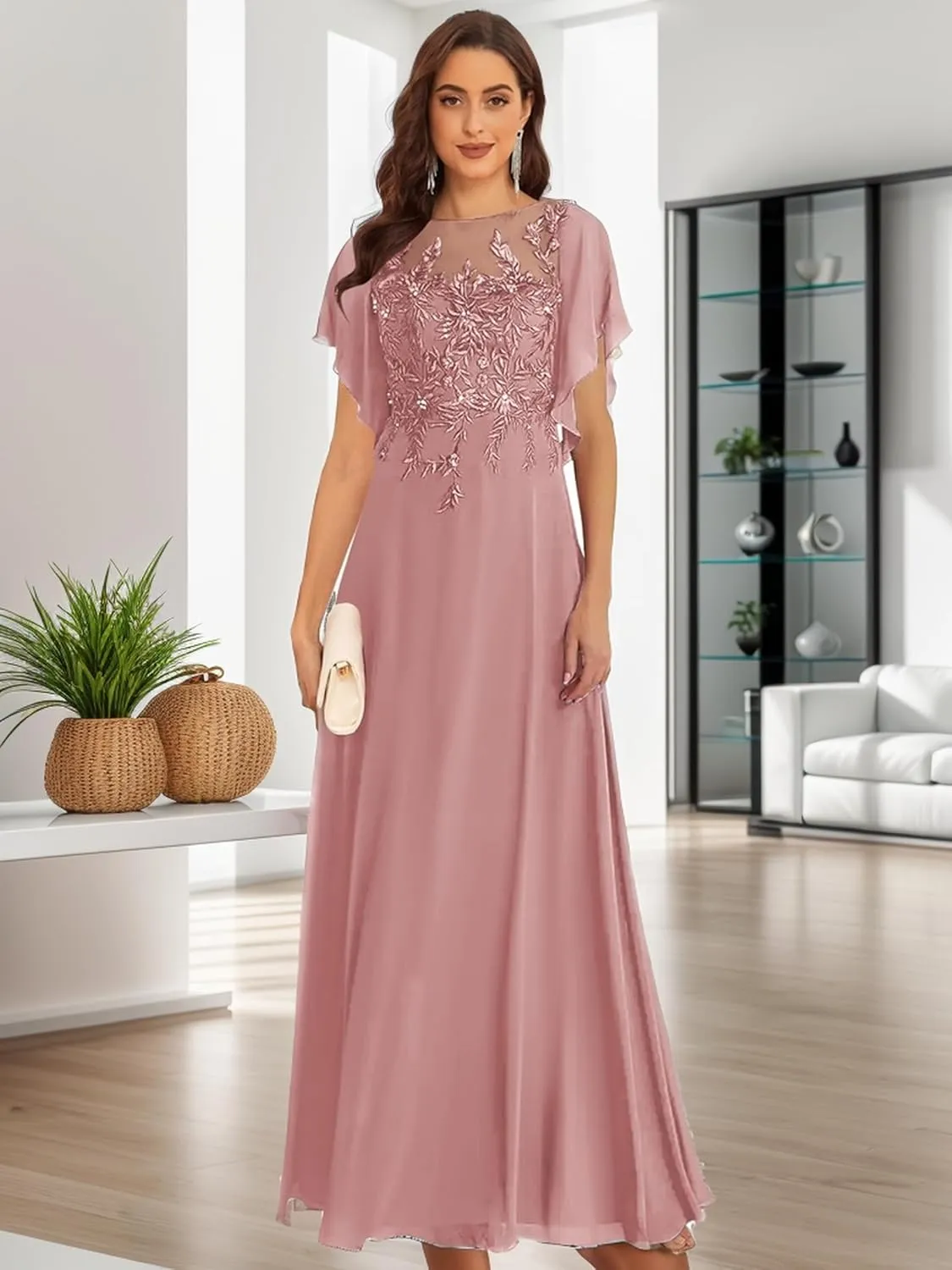 Lace Appliques Mother of The Bride Dresses with Sleeves A line Chiffon Formal Wedding Party Gowns for Women