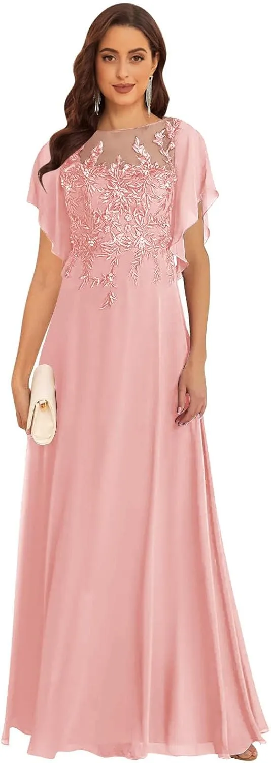 Lace Appliques Mother of The Bride Dresses with Sleeves A line Chiffon Formal Wedding Party Gowns for Women