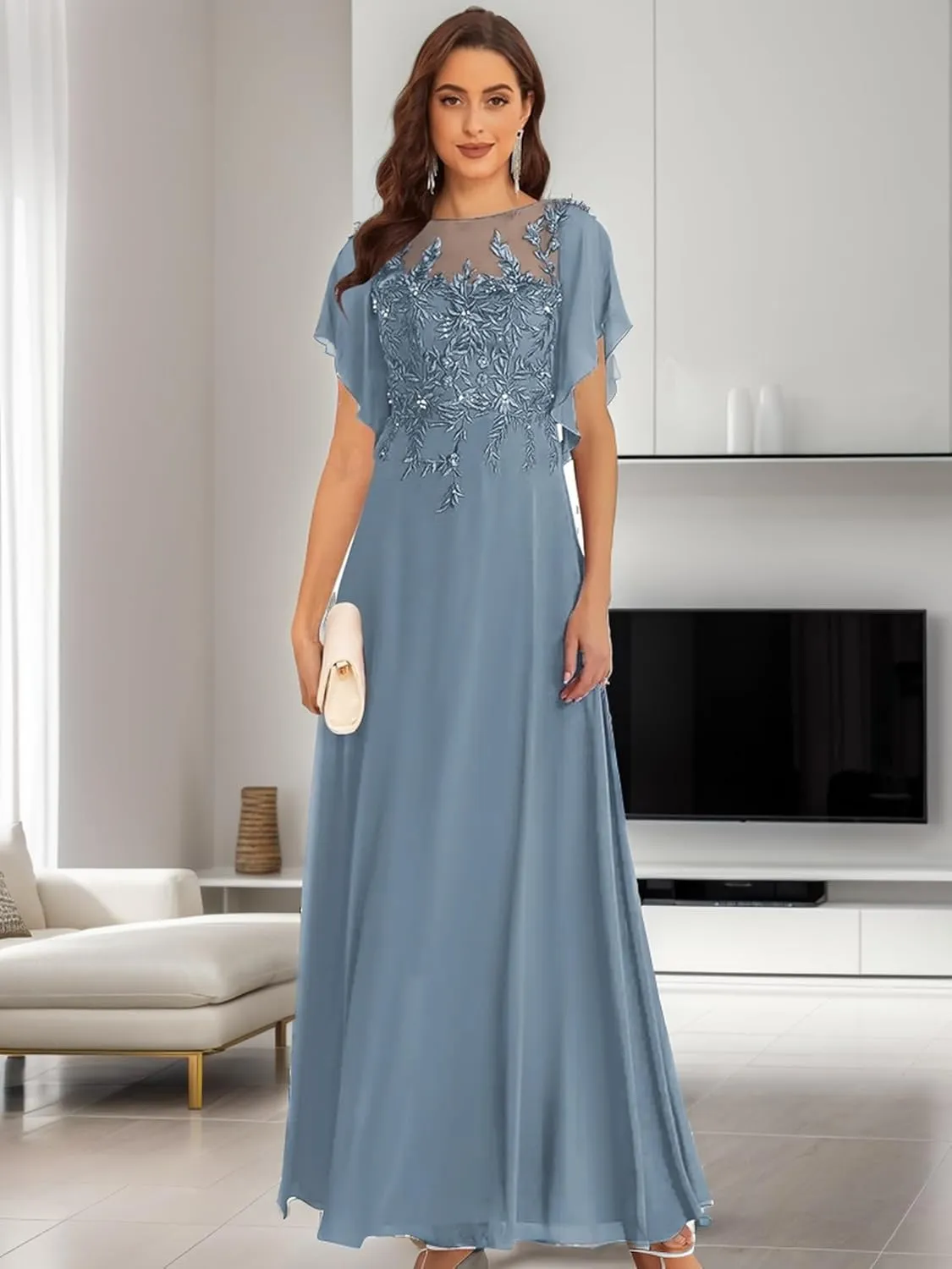 Lace Appliques Mother of The Bride Dresses with Sleeves A line Chiffon Formal Wedding Party Gowns for Women