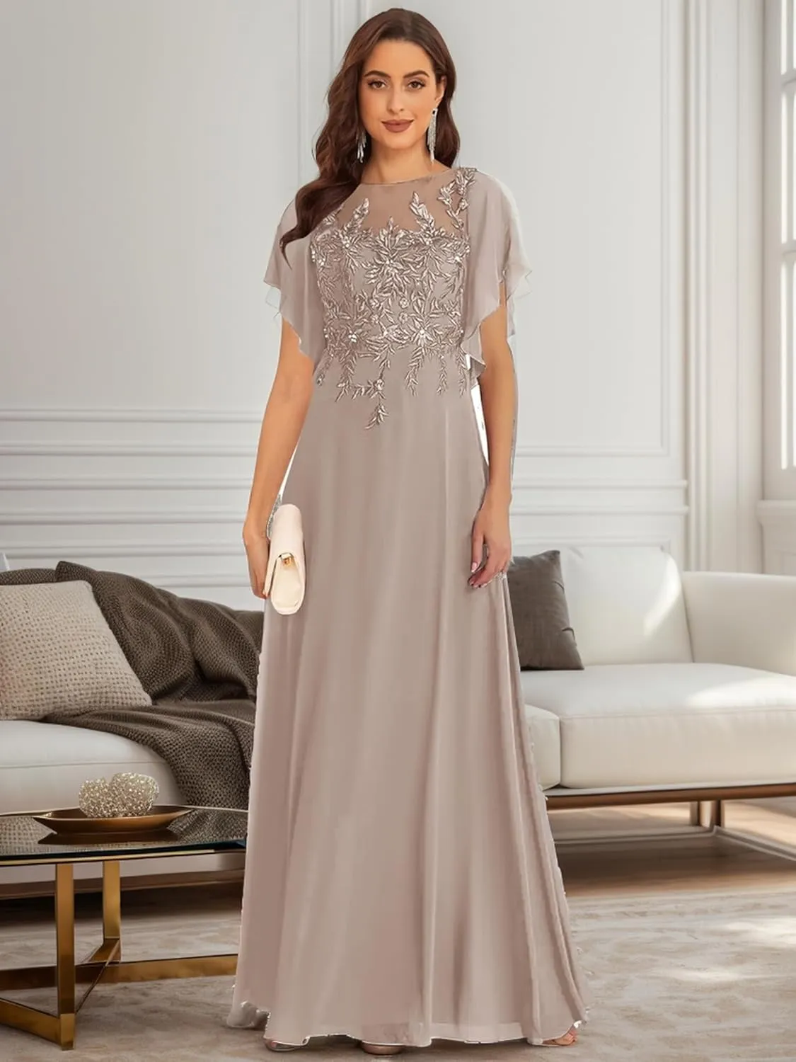 Lace Appliques Mother of The Bride Dresses with Sleeves A line Chiffon Formal Wedding Party Gowns for Women