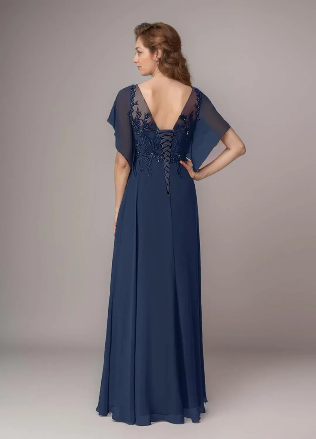 Lace Appliques Mother of The Bride Dresses with Sleeves A line Chiffon Formal Wedding Party Gowns for Women