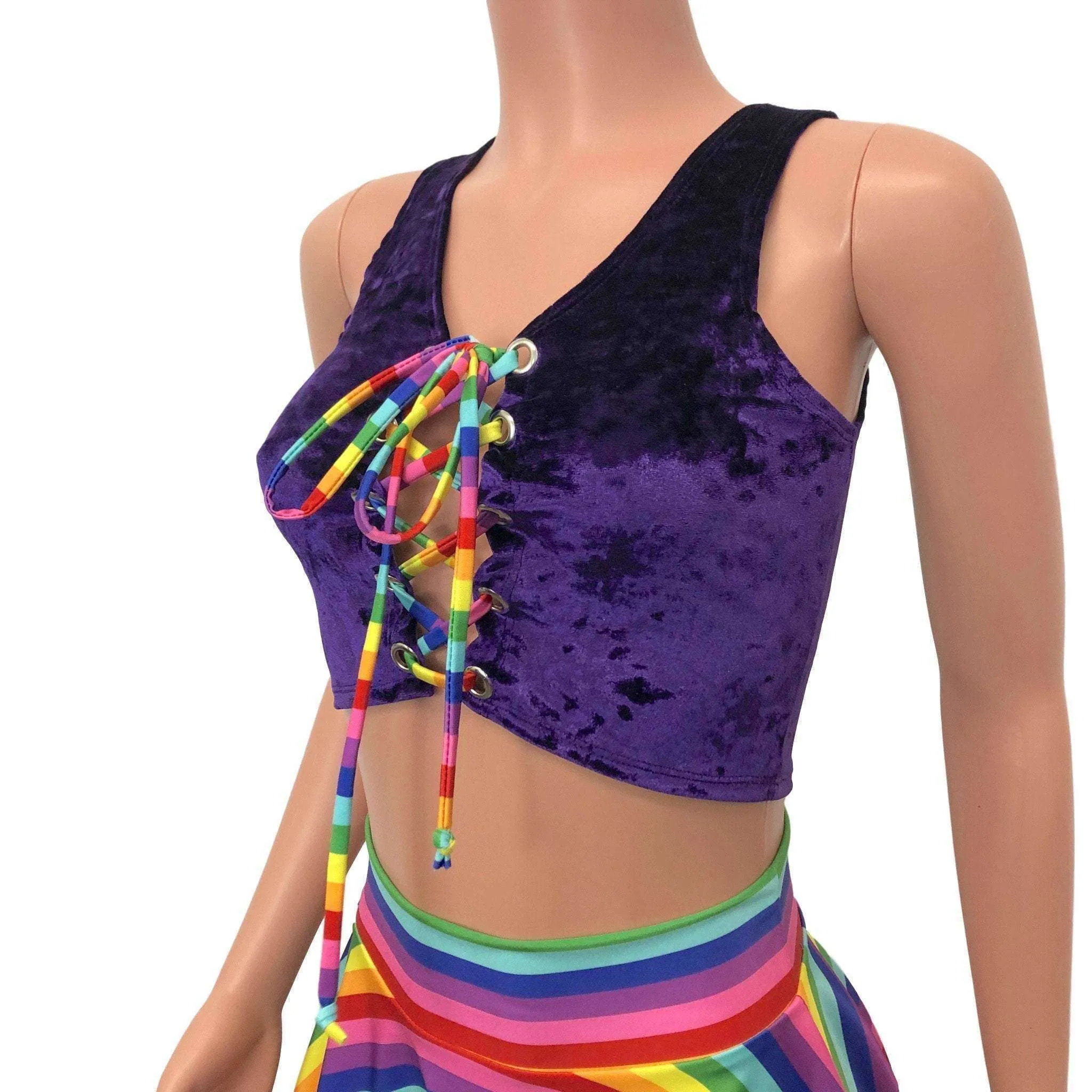 Lace-Up Crop Top - Purple Crushed Velvet & Rainbow