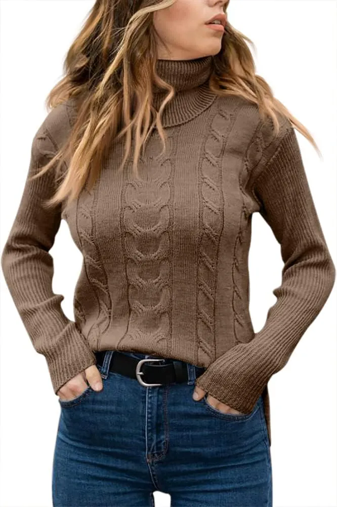 Langwyqu Womens' Turtleneck Long Sleeve Cable Knit Sweaters