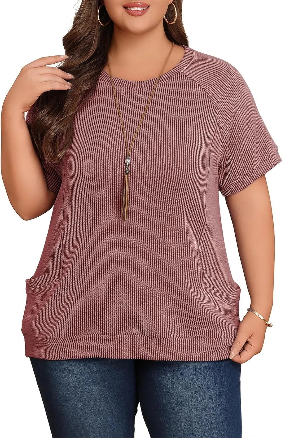 Lastshe Womens Plus Size Short Sleeves Shirts Summer Loose Ribbed Tops Dressy Casual Blouses with Pockets for Leggings 2025