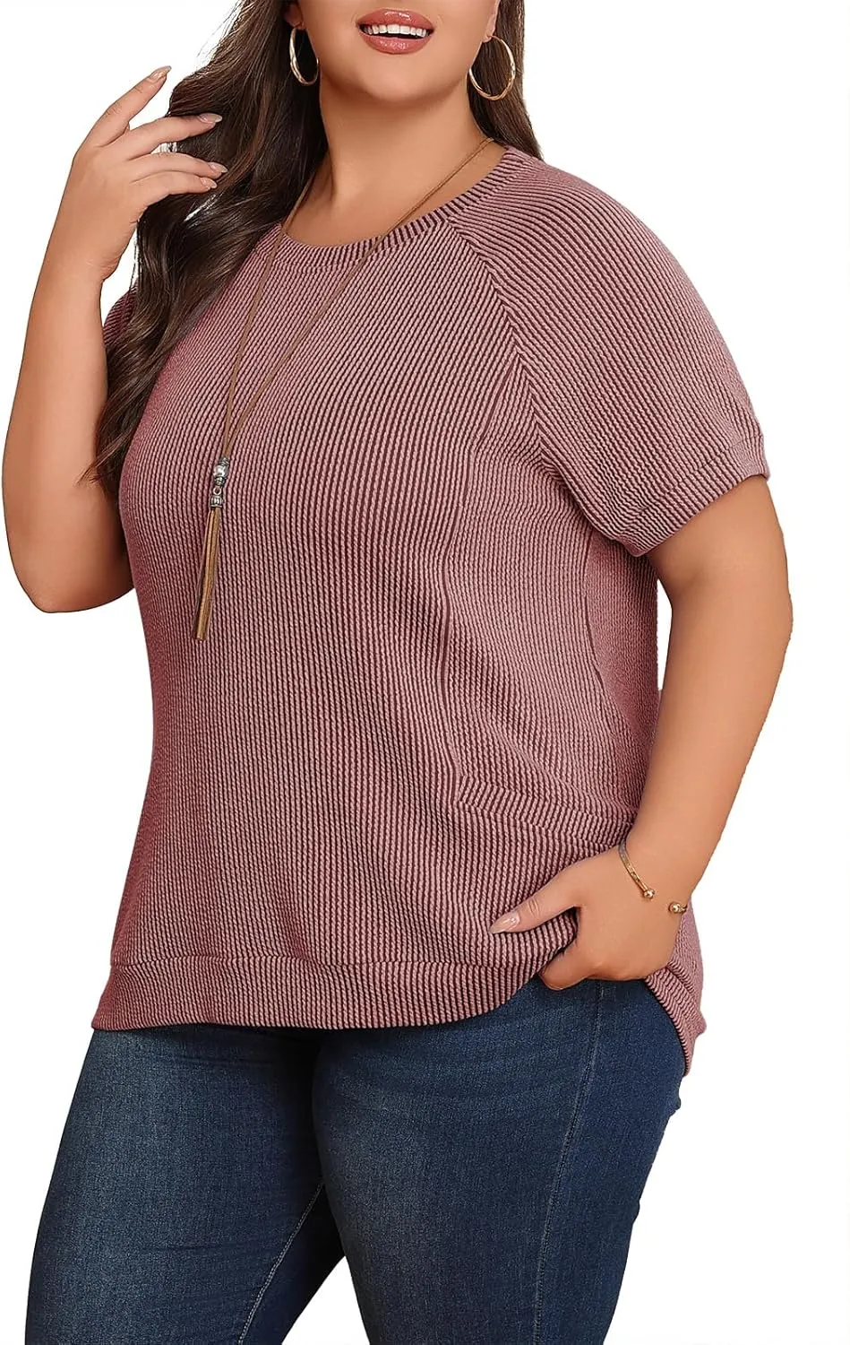 Lastshe Womens Plus Size Short Sleeves Shirts Summer Loose Ribbed Tops Dressy Casual Blouses with Pockets for Leggings 2025
