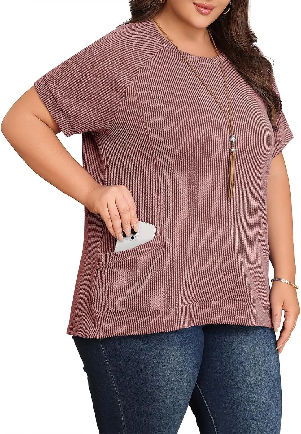 Lastshe Womens Plus Size Short Sleeves Shirts Summer Loose Ribbed Tops Dressy Casual Blouses with Pockets for Leggings 2025