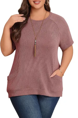 Lastshe Womens Plus Size Short Sleeves Shirts Summer Loose Ribbed Tops Dressy Casual Blouses with Pockets for Leggings 2025
