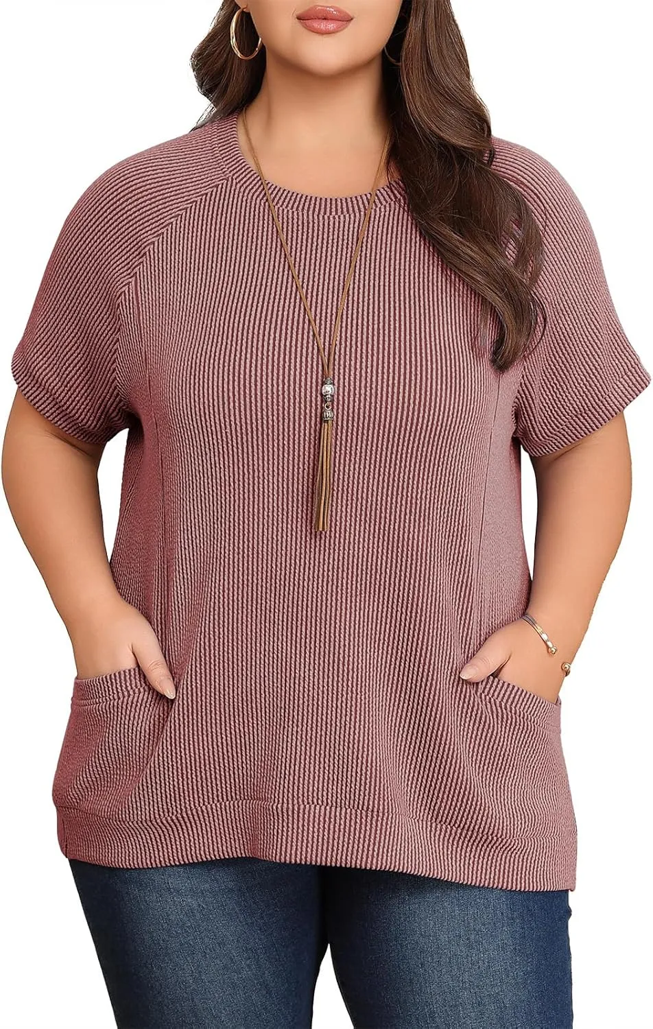 Lastshe Womens Plus Size Short Sleeves Shirts Summer Loose Ribbed Tops Dressy Casual Blouses with Pockets for Leggings 2025