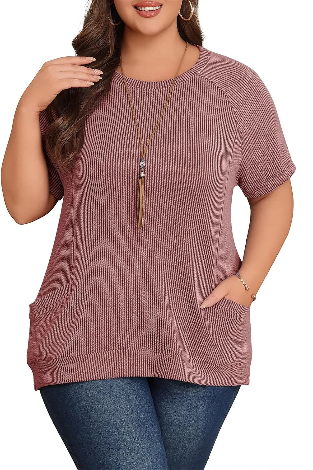 Lastshe Womens Plus Size Short Sleeves Shirts Summer Loose Ribbed Tops Dressy Casual Blouses with Pockets for Leggings 2025