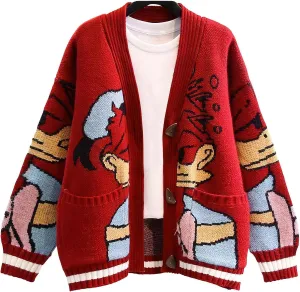 Lazutom Womens Fall Cute Embroidery Cartoon Duck Cable Knit Cardigans Sweater Button Down Slouchy Wool Blend Coat