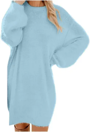 LCMTWX Long Sleeve Oversized Sweater Dress Sleeve Solid Knitted Fleece Dresses Loose Turtleneck Oversize Long Sleeve