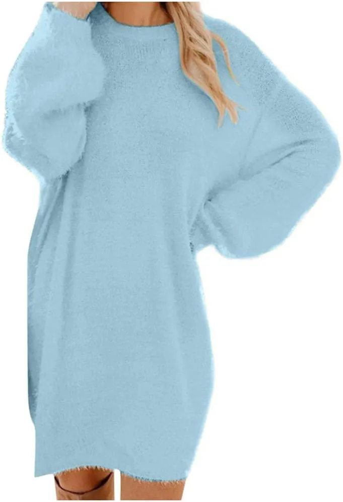 LCMTWX Long Sleeve Oversized Sweater Dress Sleeve Solid Knitted Fleece Dresses Loose Turtleneck Oversize Long Sleeve