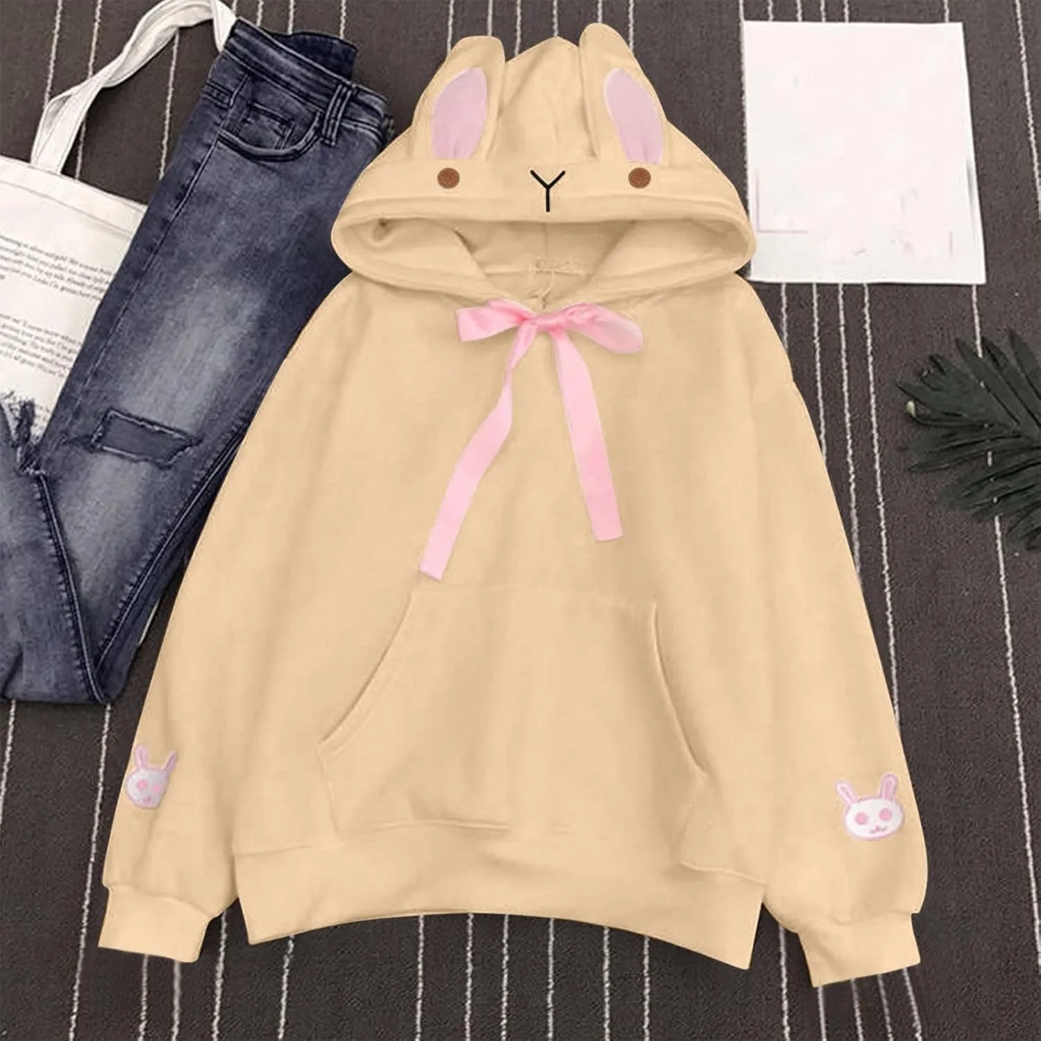 LCMTWX Women Cute Bunny Ear Long Sleeve Rabbit Tops Sweatshirt Hoodie Jacket Coats Oversized Pullover Y2k Clothes