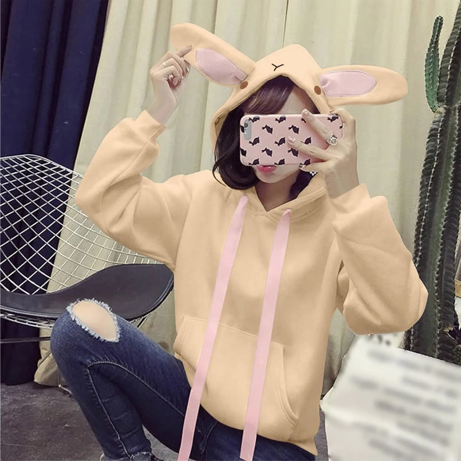 LCMTWX Women Cute Bunny Ear Long Sleeve Rabbit Tops Sweatshirt Hoodie Jacket Coats Oversized Pullover Y2k Clothes