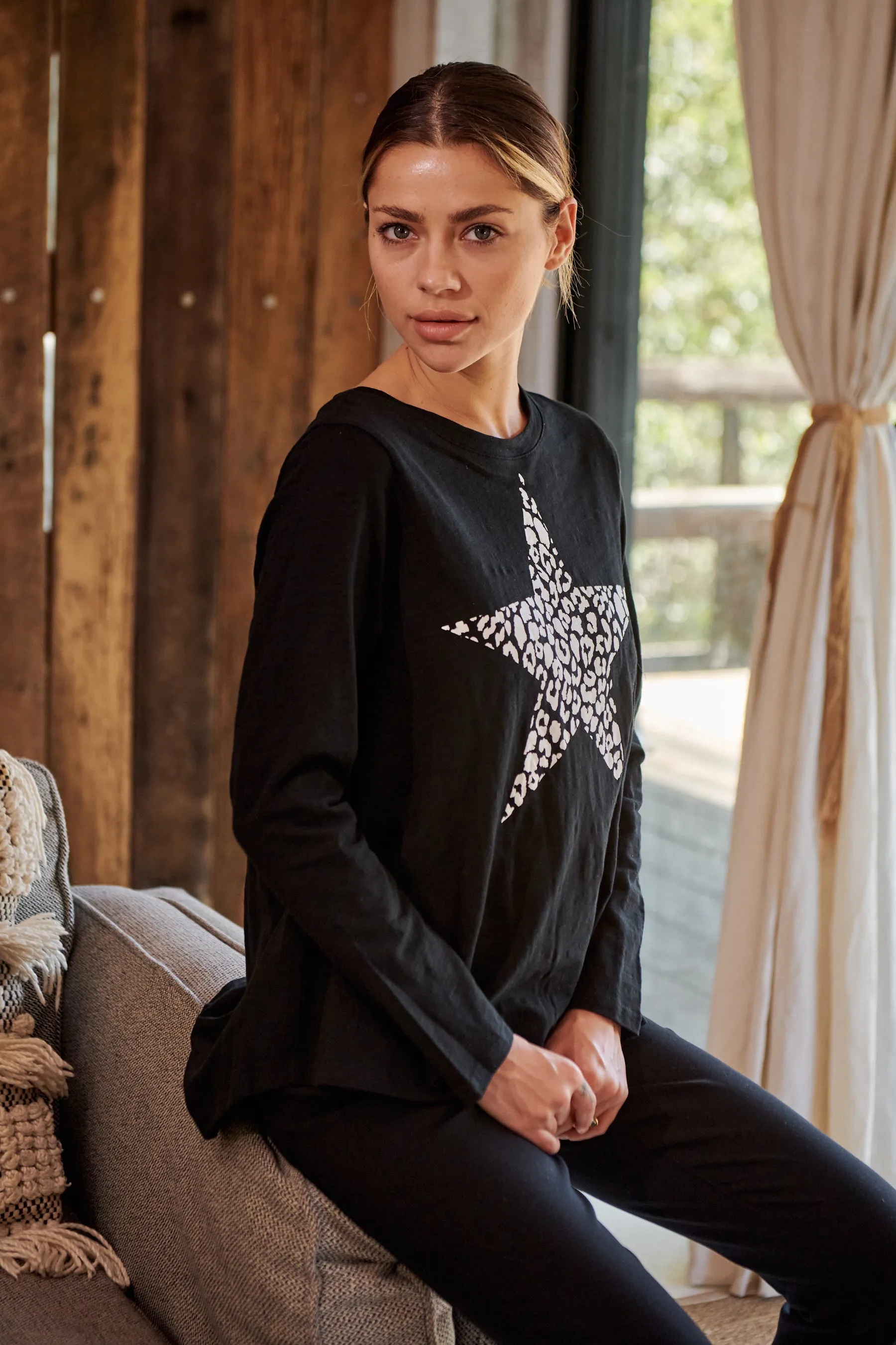 Leo Star Leopard Print Black Long Sleeve Top
