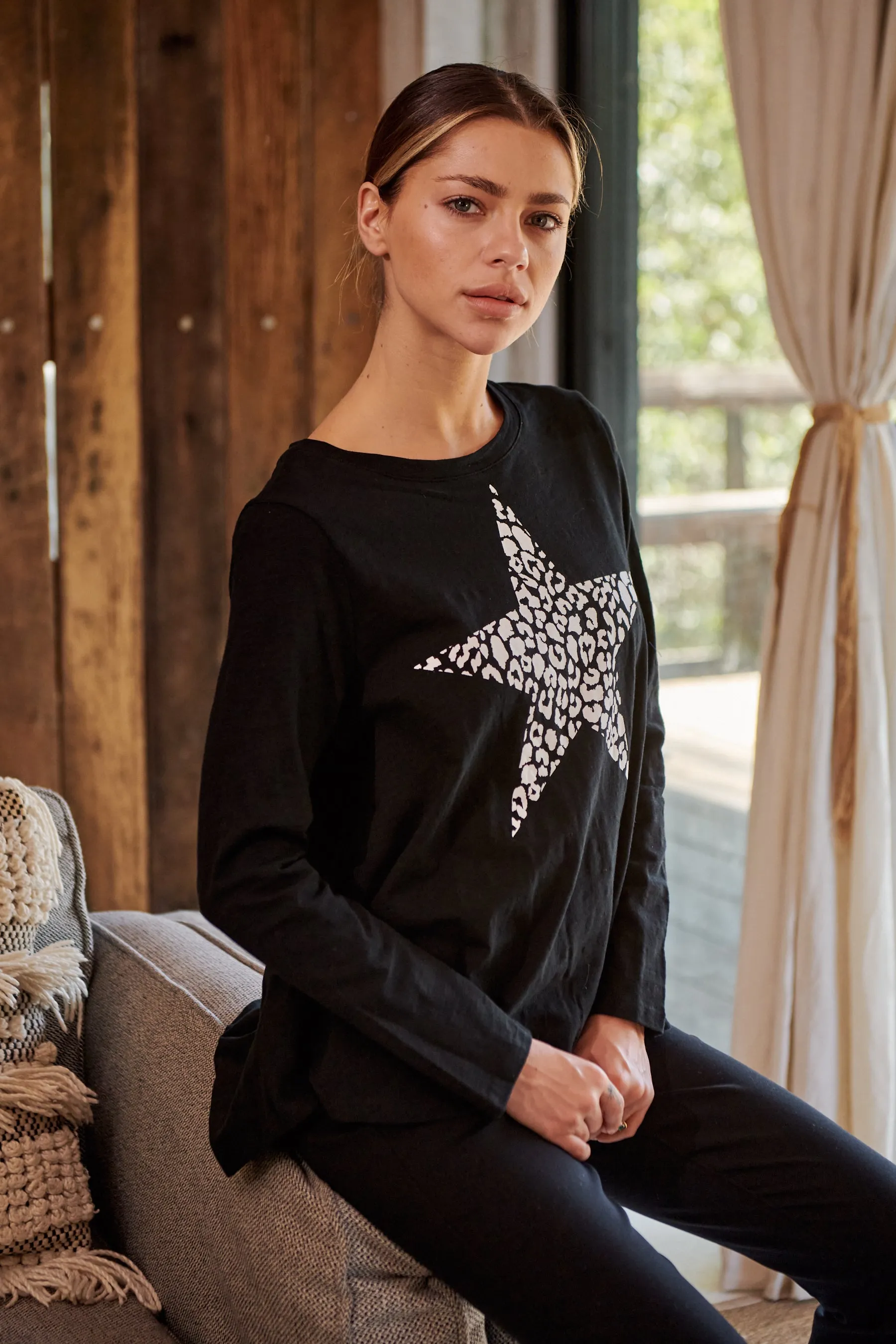 Leo Star Leopard Print Black Long Sleeve Top