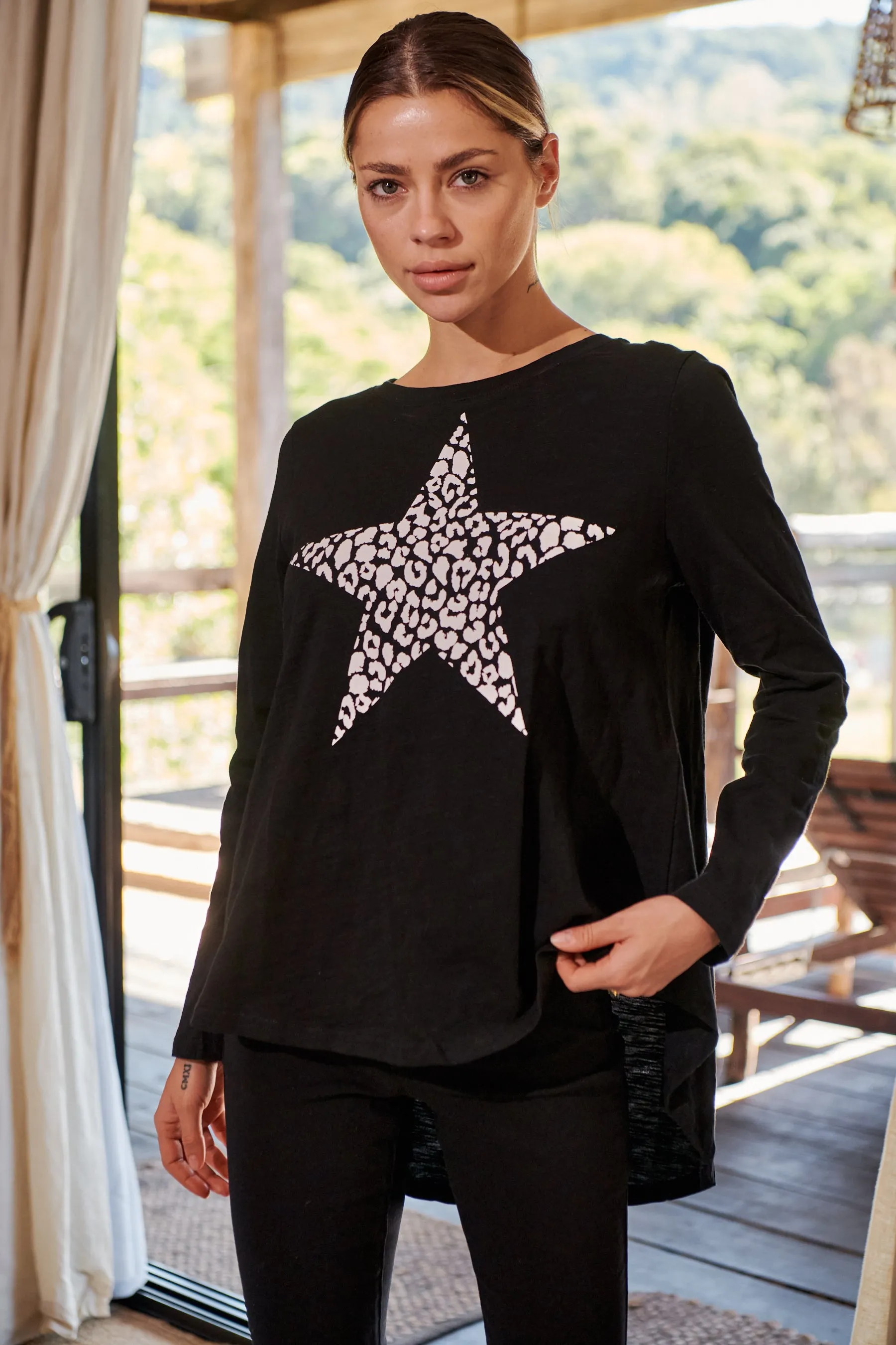 Leo Star Leopard Print Black Long Sleeve Top