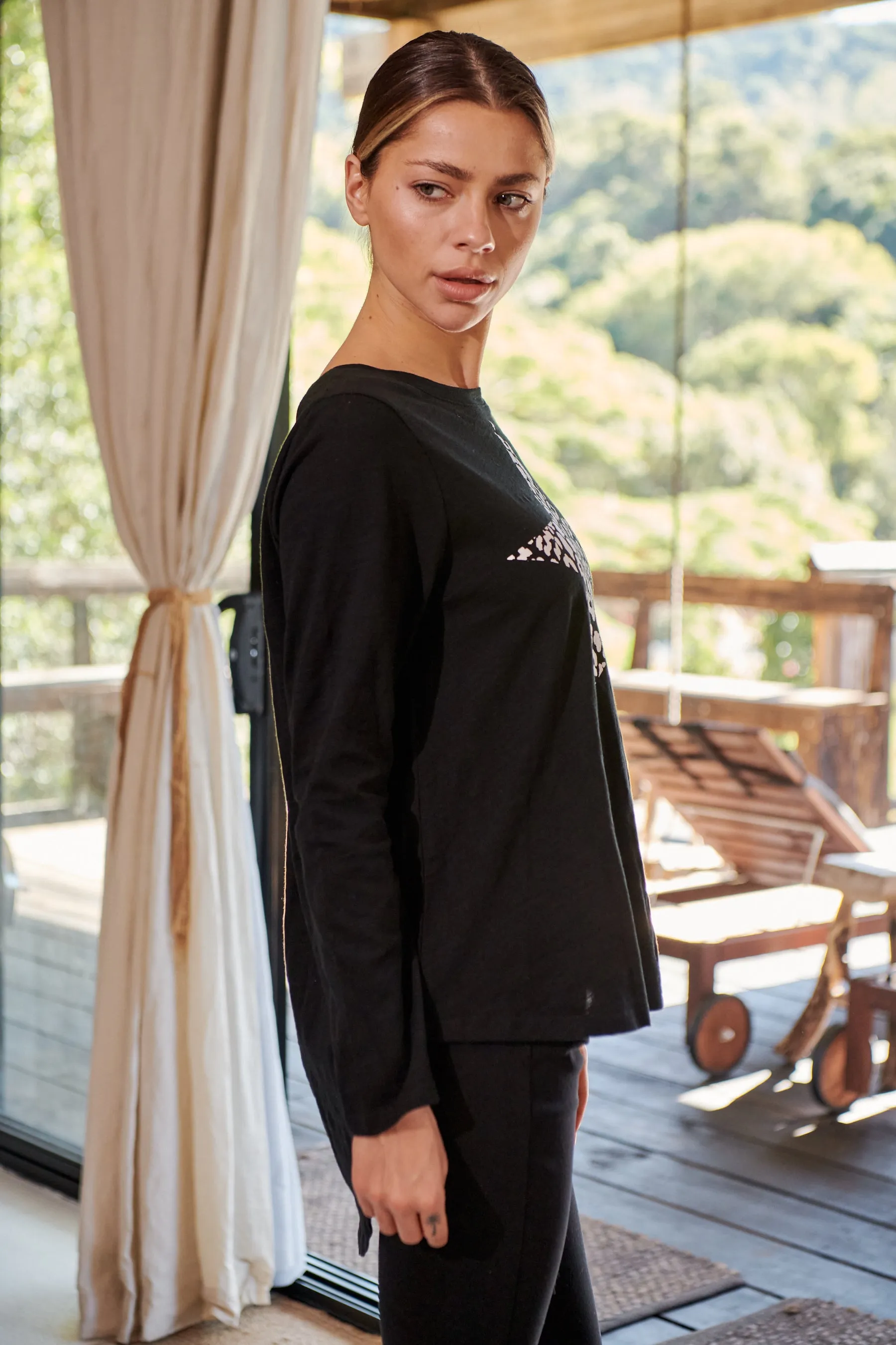Leo Star Leopard Print Black Long Sleeve Top