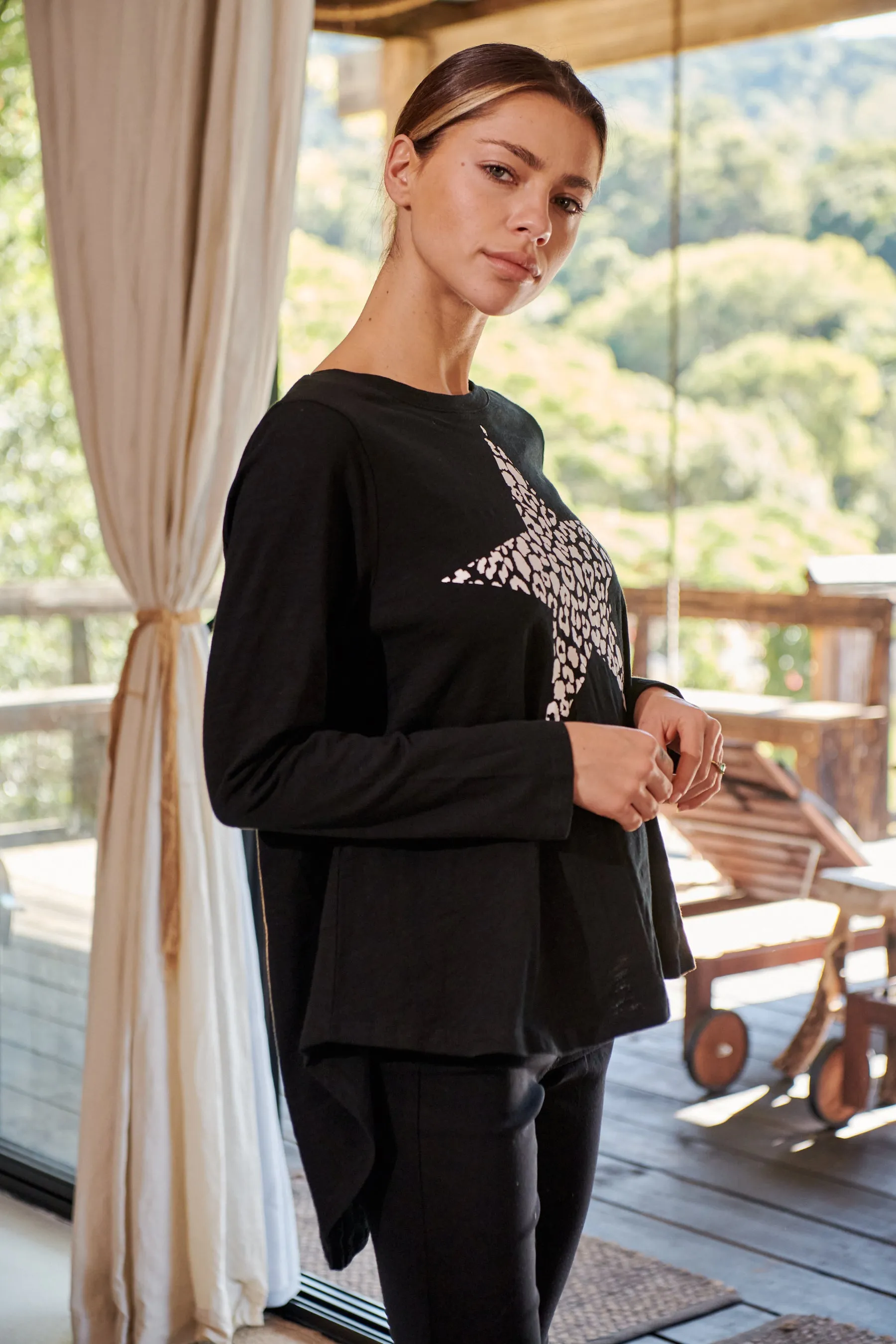 Leo Star Leopard Print Black Long Sleeve Top