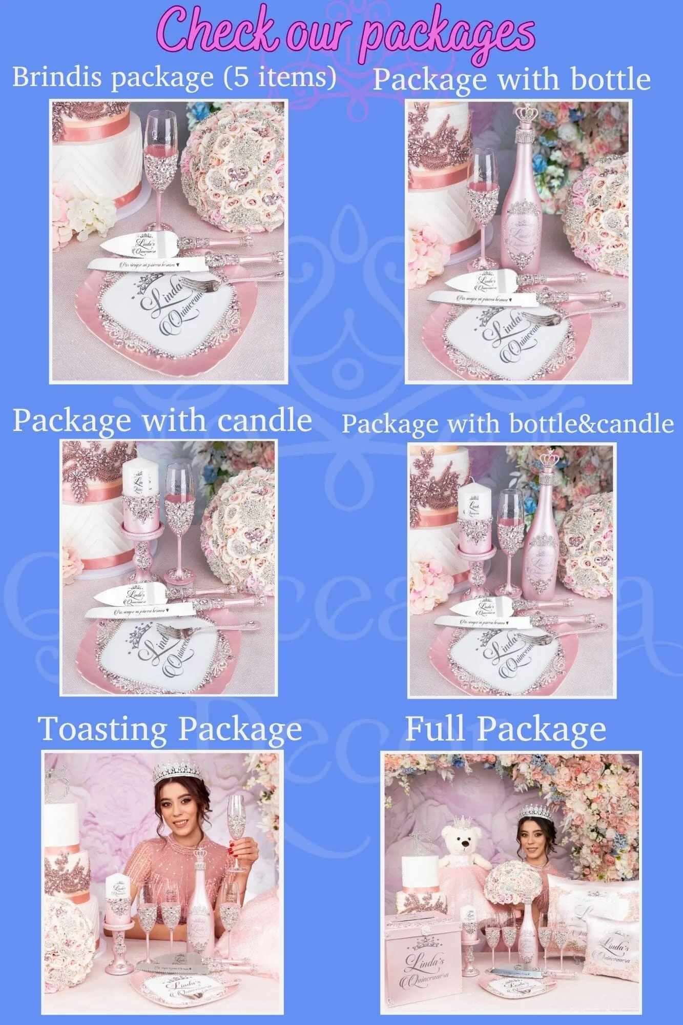 Elegant Light Blue Quinceanera Pillow Set with Matching Teddy Bear
