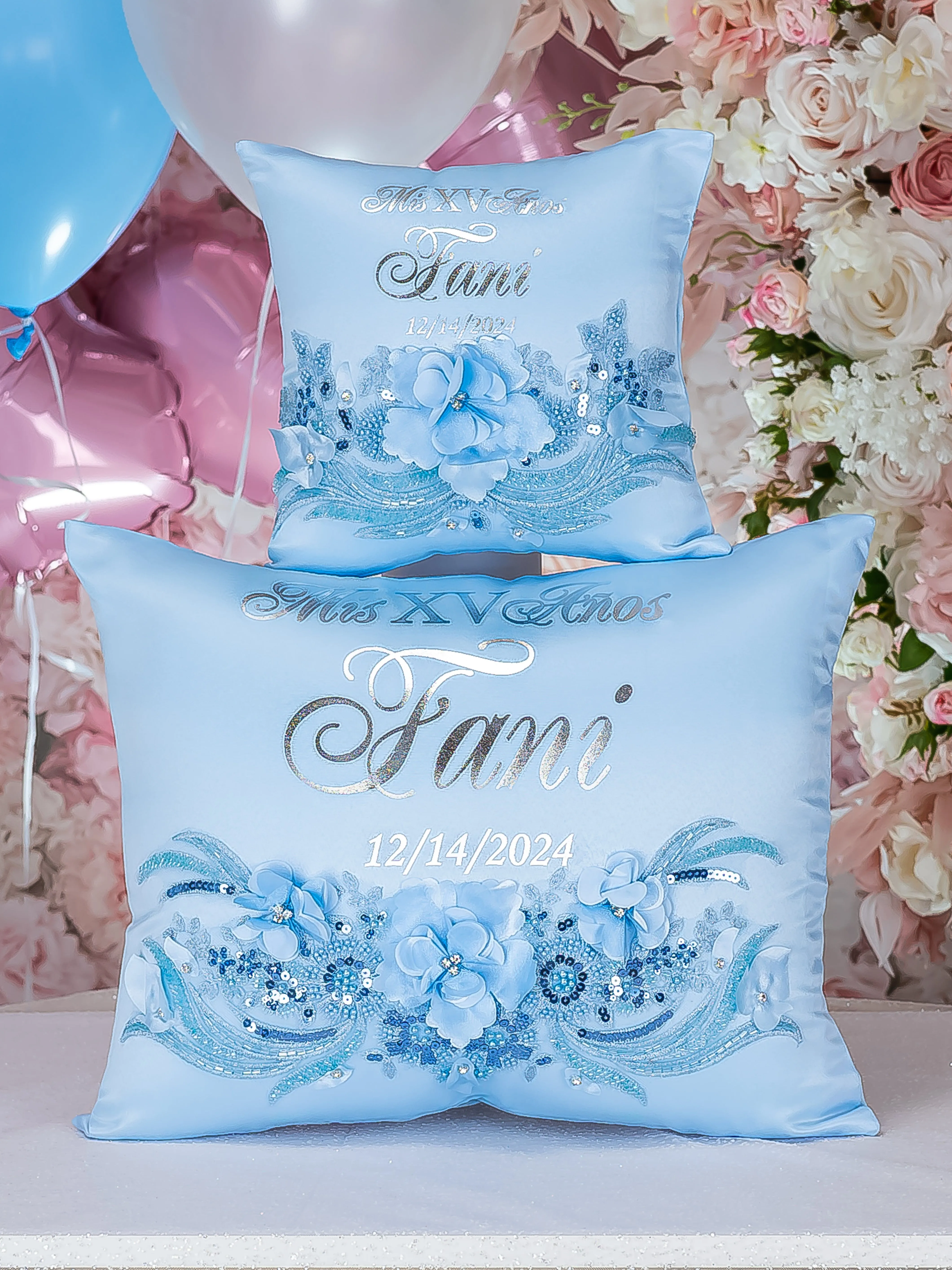 Elegant Light Blue Quinceanera Pillow Set with Matching Teddy Bear