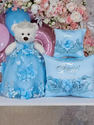 Elegant Light Blue Quinceanera Pillow Set with Matching Teddy Bear