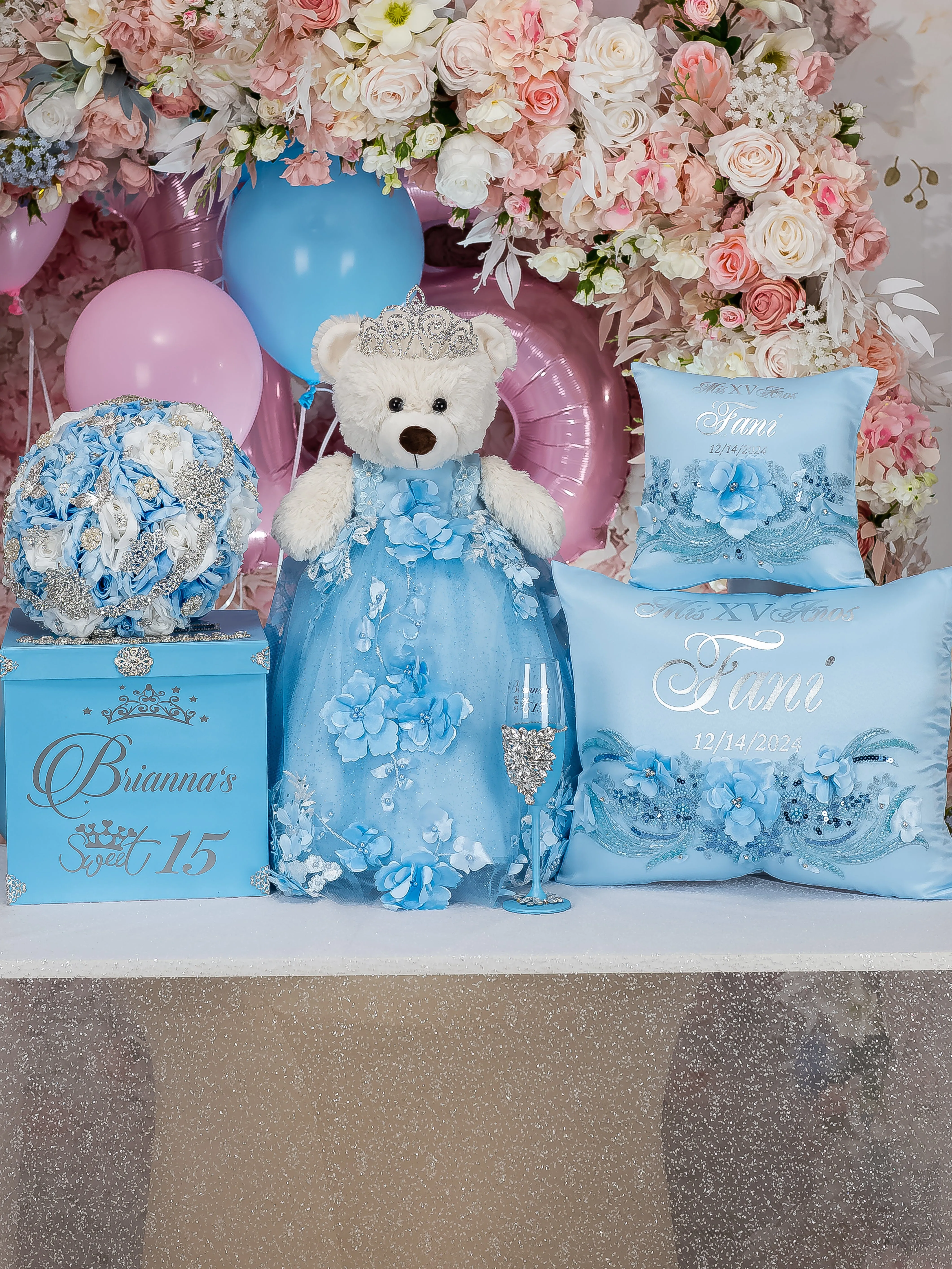 Elegant Light Blue Quinceanera Pillow Set with Matching Teddy Bear