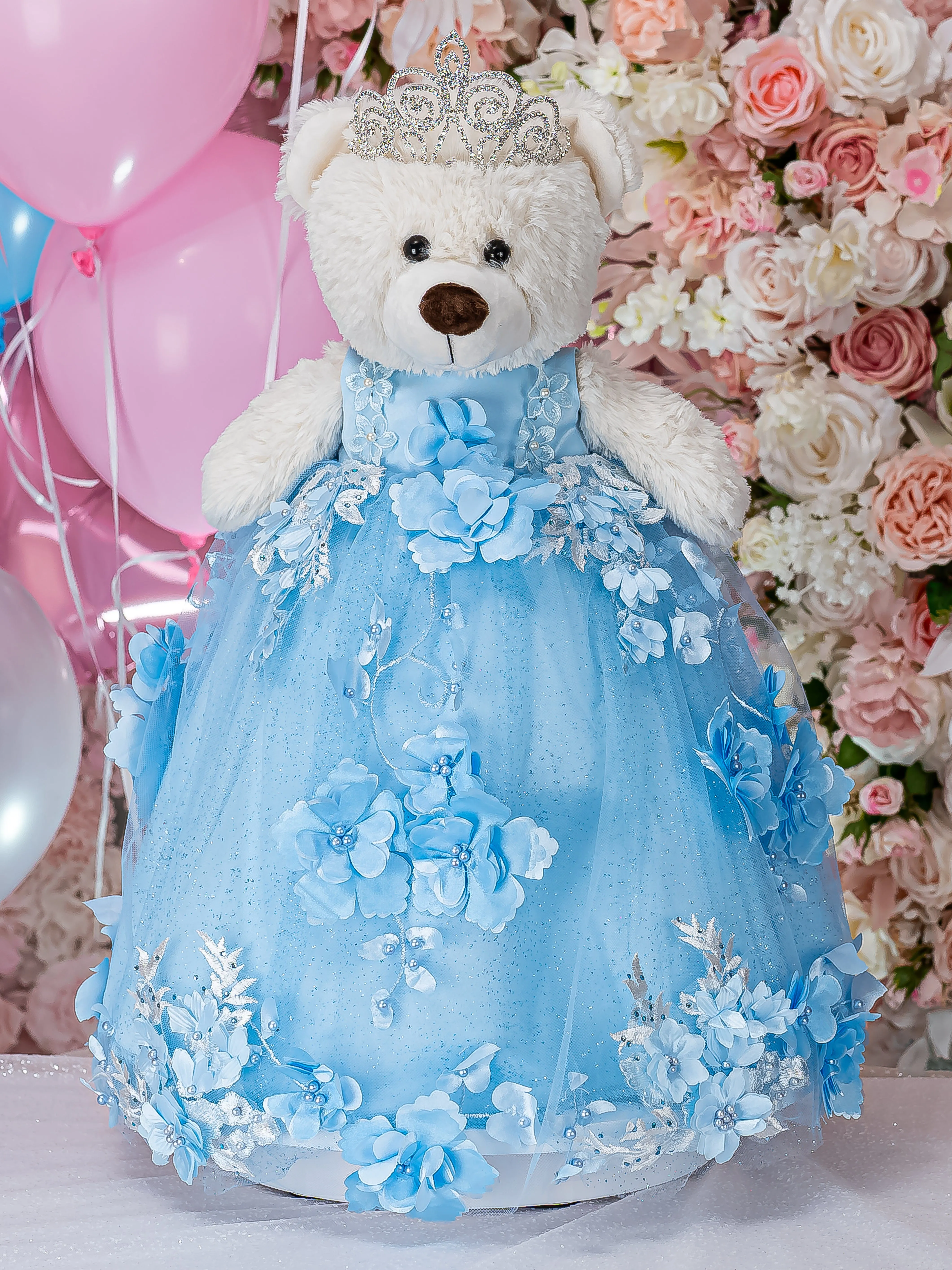 Elegant Light Blue Quinceanera Pillow Set with Matching Teddy Bear
