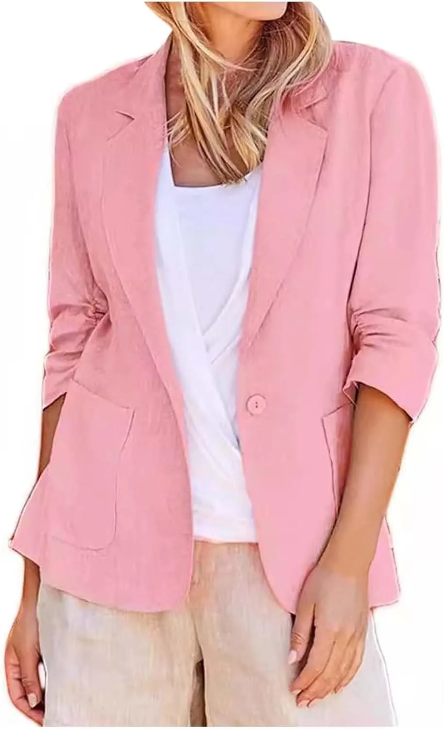 Linen Blazer for Women 3/4 Sleeve Cargdigan 2024 Fall Fashion Outfits Business Coats Work Office Suit Jackets with Pockets