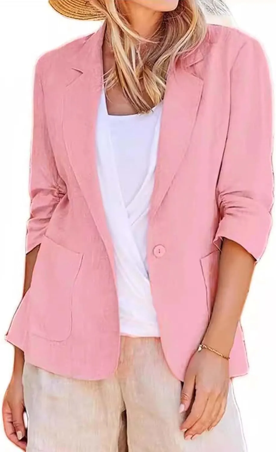 Linen Blazer for Women 3/4 Sleeve Cargdigan 2024 Fall Fashion Outfits Business Coats Work Office Suit Jackets with Pockets