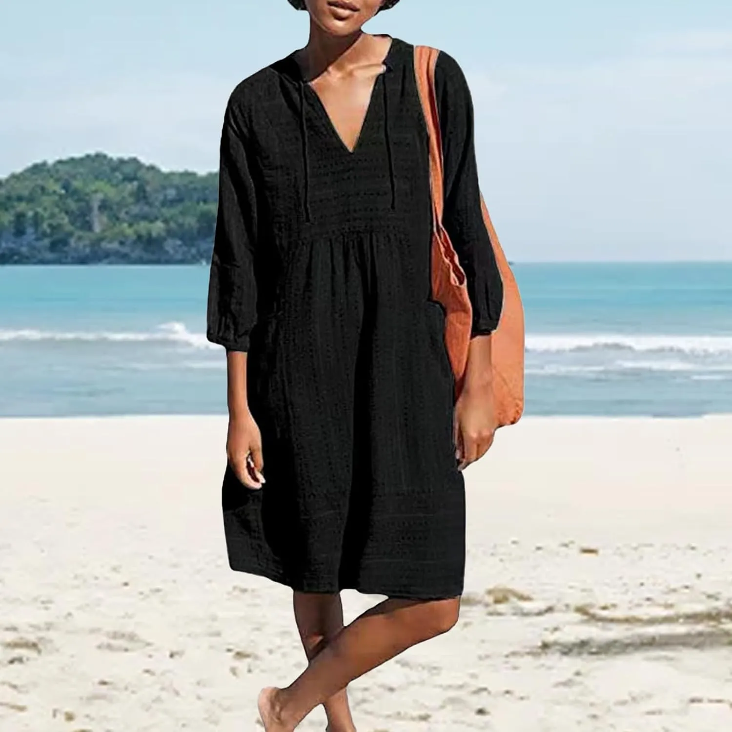Linen Dress for Women 2025 Summer Casual 3/4 Sleeve Dress Shift Midi Dresses Beach Vacation Dresses with Pockets