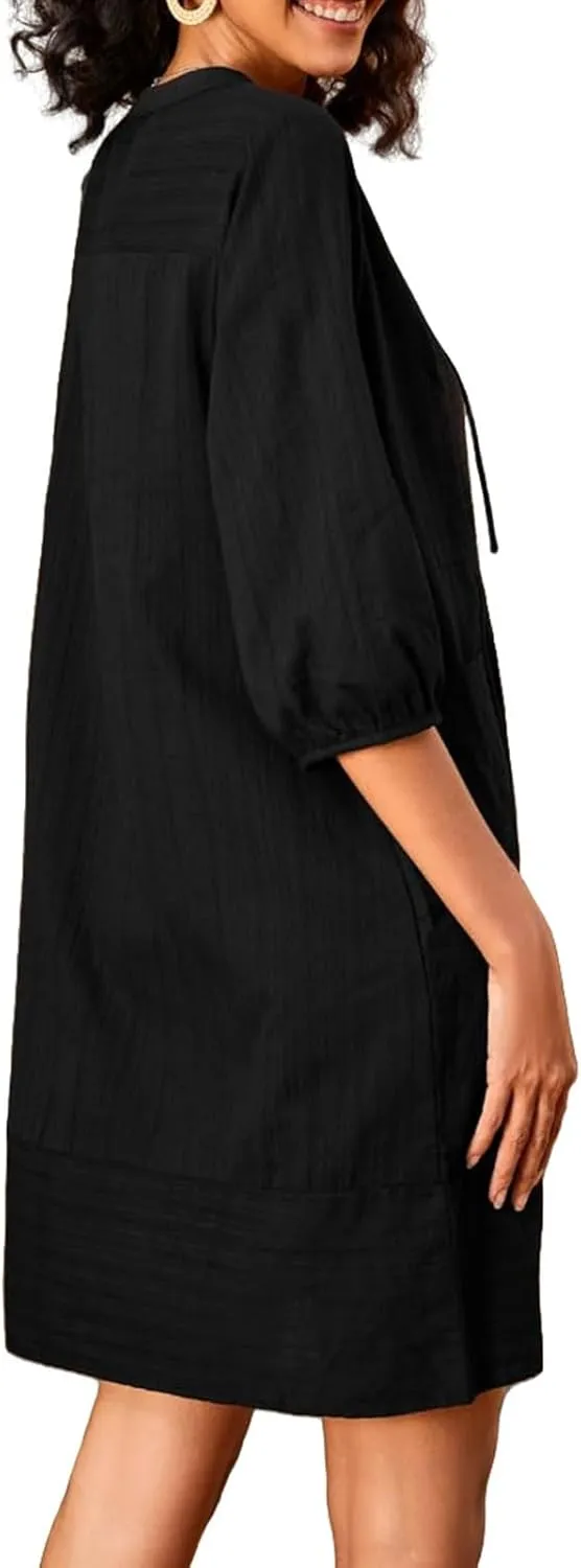Linen Dress for Women 2025 Summer Casual 3/4 Sleeve Dress Shift Midi Dresses Beach Vacation Dresses with Pockets