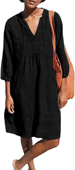 Linen Dress for Women 2025 Summer Casual 3/4 Sleeve Dress Shift Midi Dresses Beach Vacation Dresses with Pockets