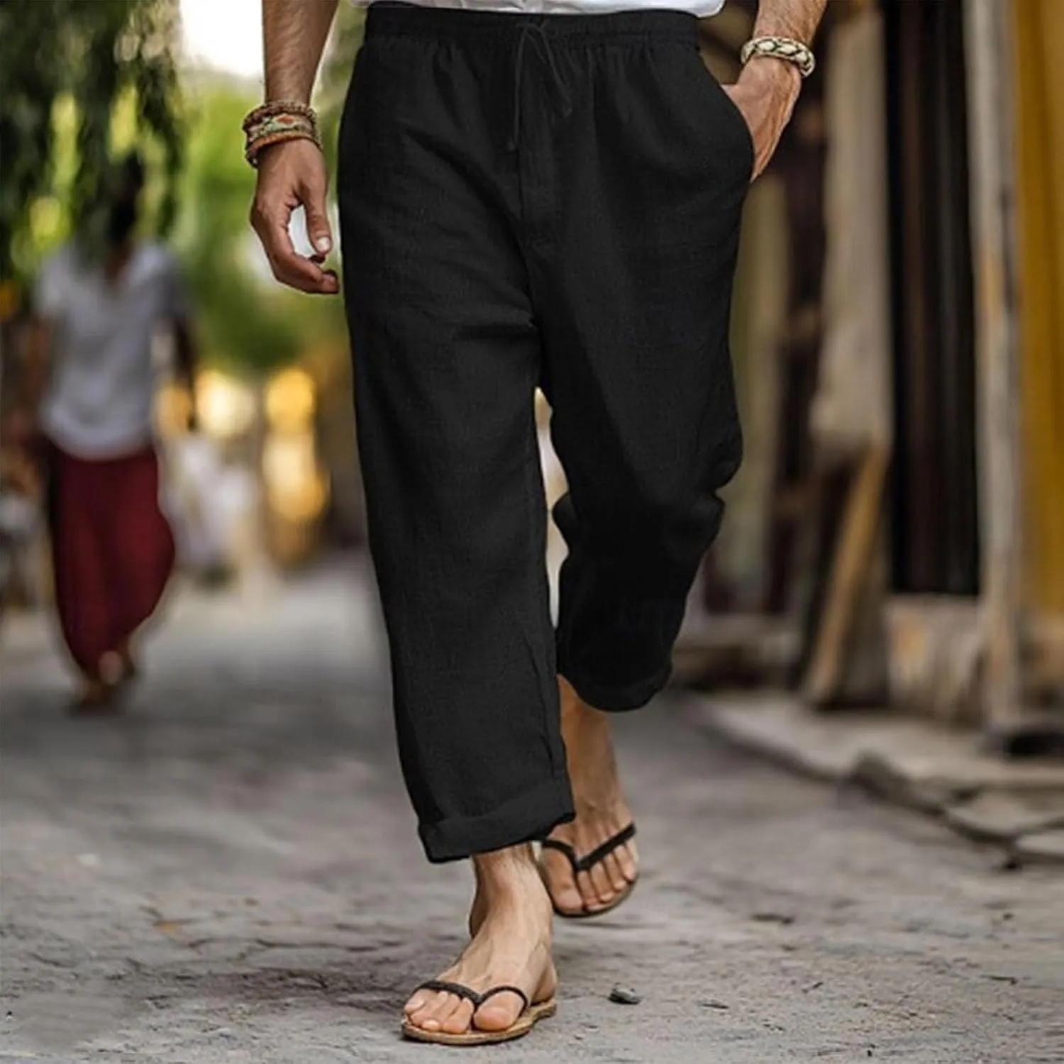Linen Pants Men Long Relaxed Fit Elastic Waist Pants with Pockets Beach Yoga Travel Lounge Trousers for Summer
