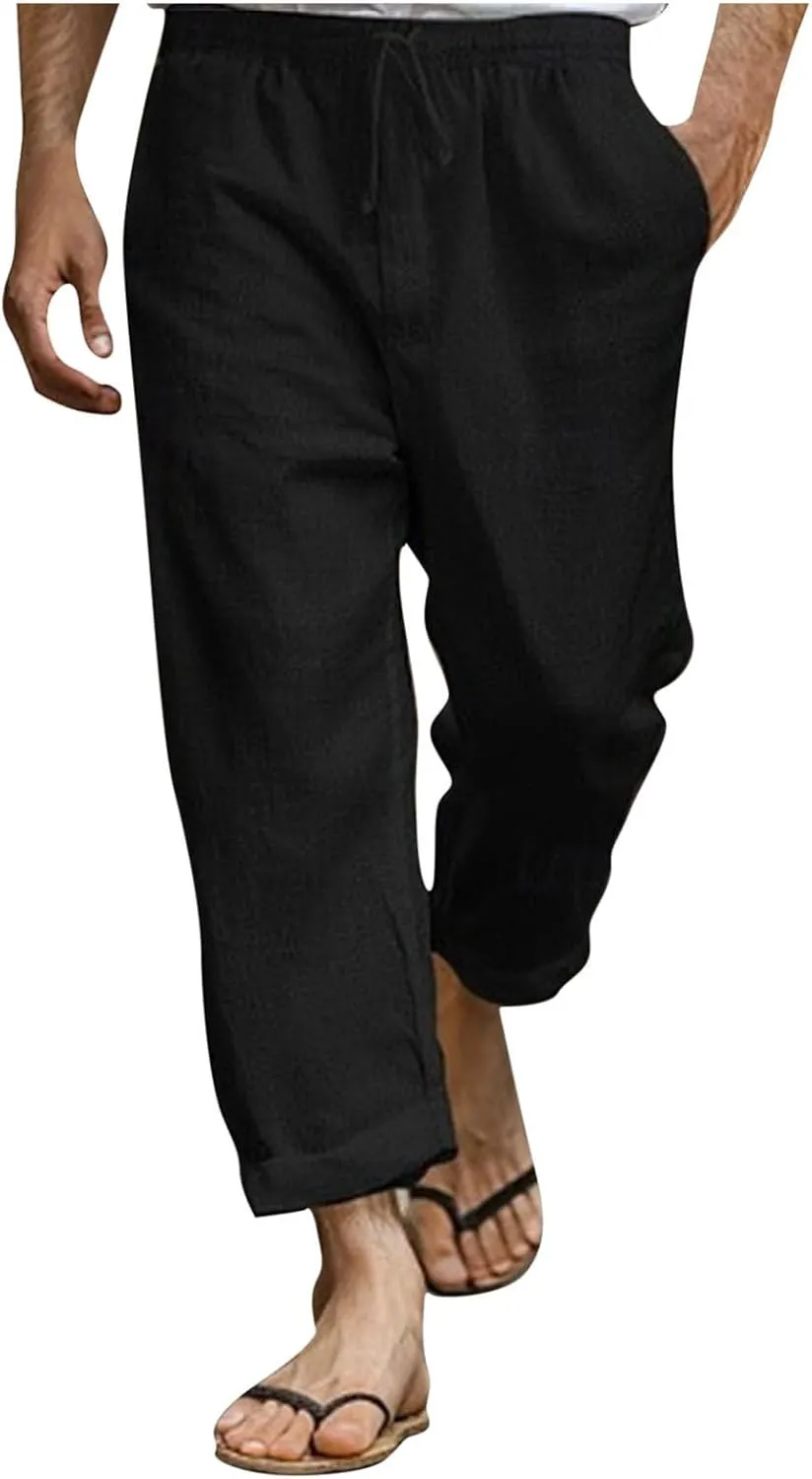Linen Pants Men Long Relaxed Fit Elastic Waist Pants with Pockets Beach Yoga Travel Lounge Trousers for Summer