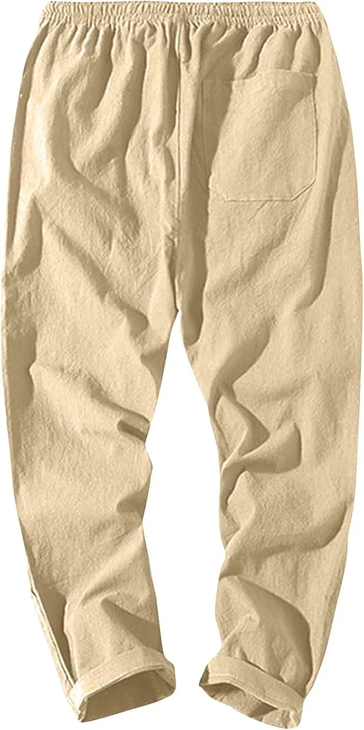 Linen Pants Men Relaxed Fit Drawstring Waist Lounge Pants with Pockets Summer Casual Comfy Big and Tall Work Pants