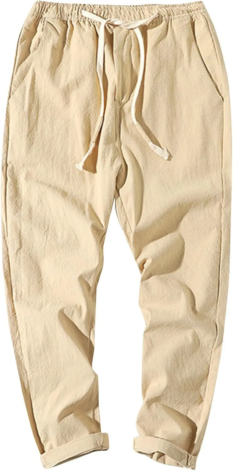 Linen Pants Men Relaxed Fit Drawstring Waist Lounge Pants with Pockets Summer Casual Comfy Big and Tall Work Pants