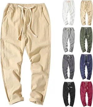 Linen Pants Men Relaxed Fit Drawstring Waist Lounge Pants with Pockets Summer Casual Comfy Big and Tall Work Pants