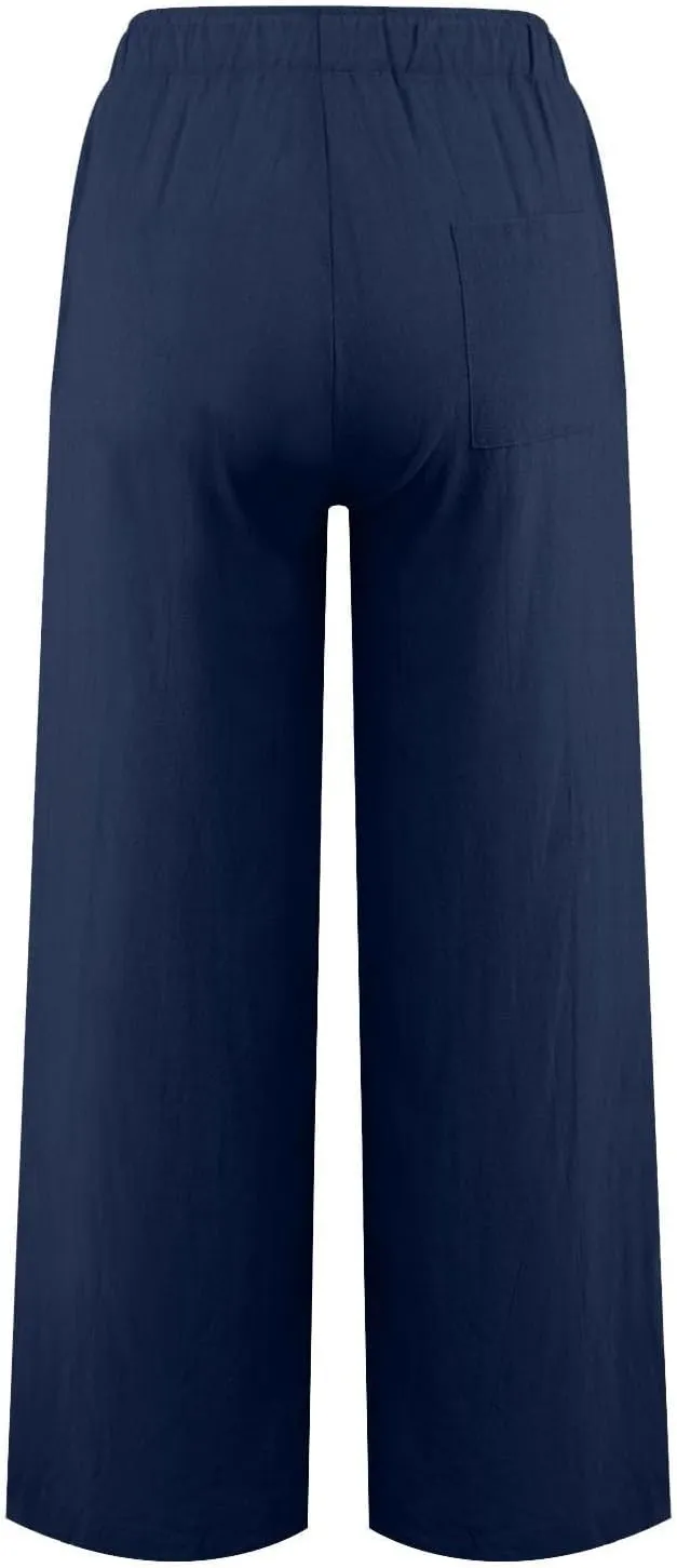 Linen Pants Women Summer Causal Drawstring High Waisted Work Pants Relaxed Fit Wide Leg Trouser Pants with Pockets