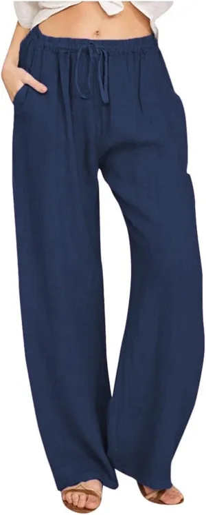 Linen Pants Women Summer Causal Drawstring High Waisted Work Pants Relaxed Fit Wide Leg Trouser Pants with Pockets