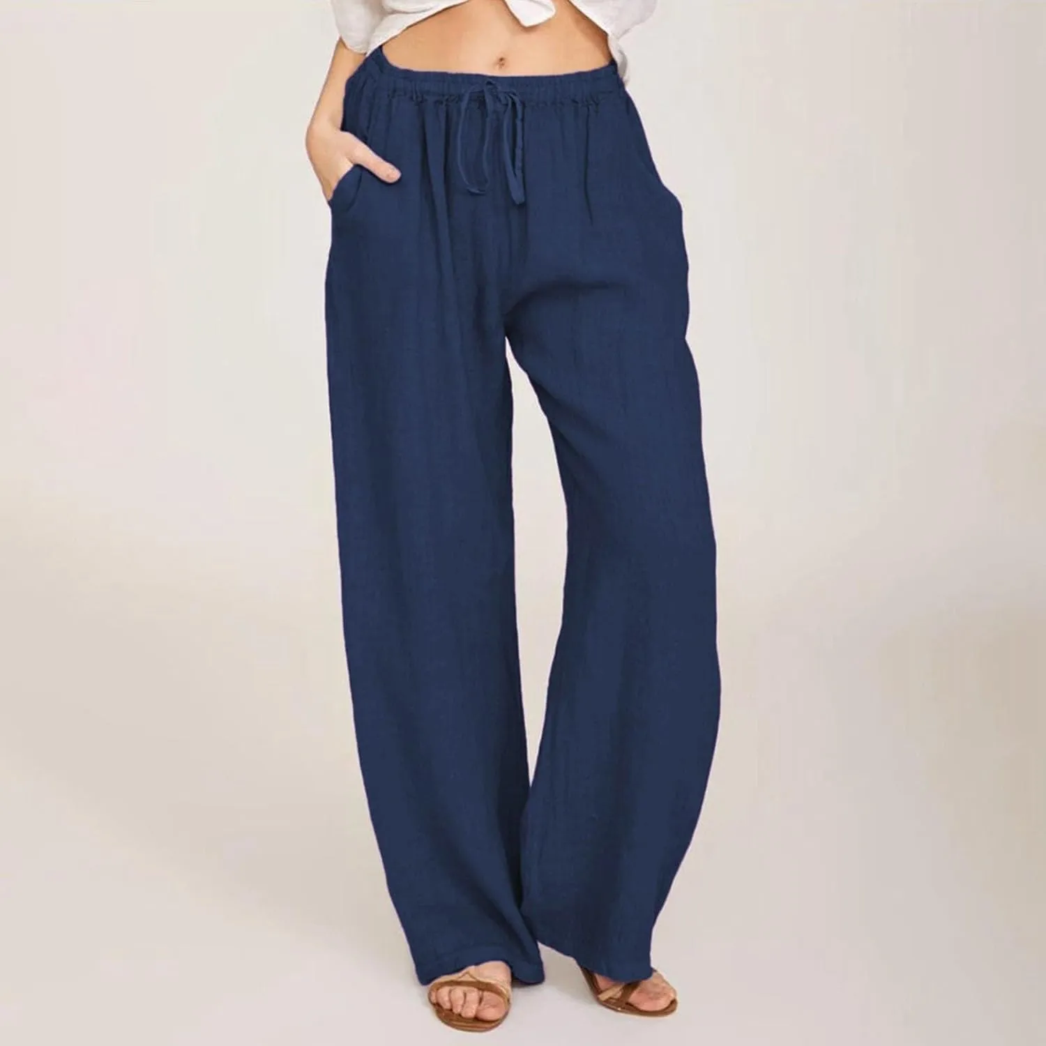 Linen Pants Women Summer Causal Drawstring High Waisted Work Pants Relaxed Fit Wide Leg Trouser Pants with Pockets