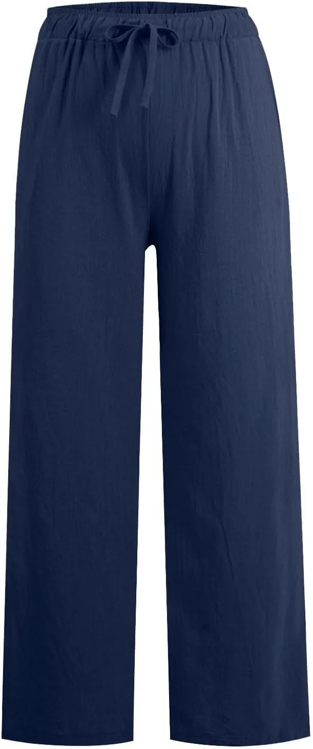 Linen Pants Women Summer Causal Drawstring High Waisted Work Pants Relaxed Fit Wide Leg Trouser Pants with Pockets