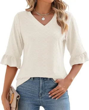 LOMON 3/4 Length Sleeve Womens Tops Summer Loose V-Neck Eyelet T-Shirts Dressy Casual Ruffle Sleeve Tunic Blouses