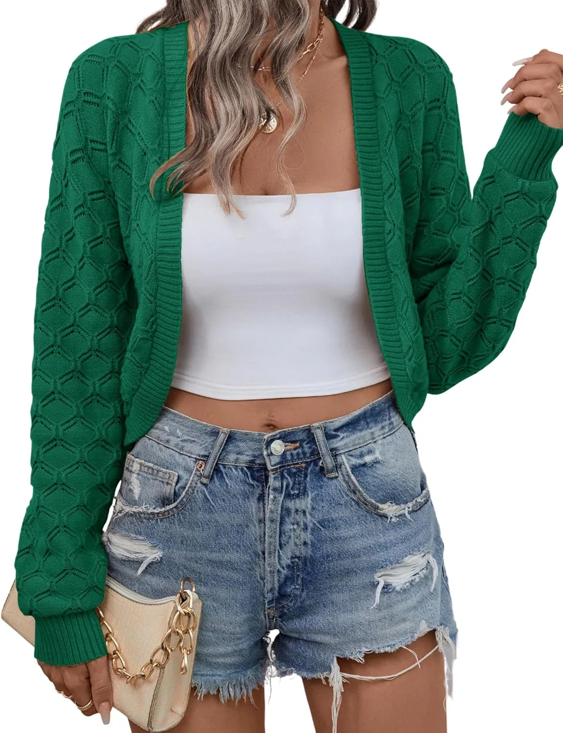 LOMON Womens Cropped Cardigan Bolero Shrugs for Dresses Knit Open Front Long Sleeve Sweater