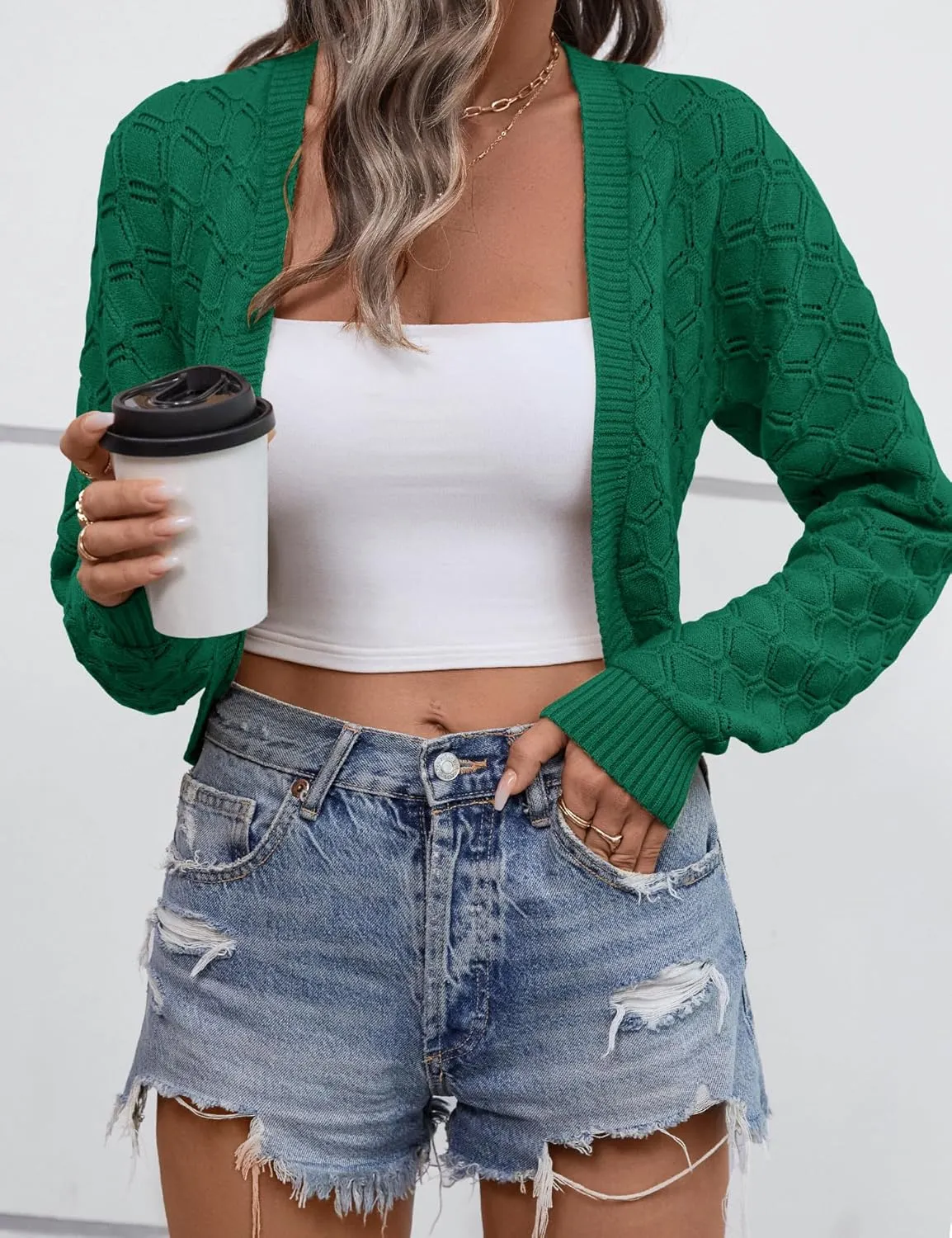 LOMON Womens Cropped Cardigan Bolero Shrugs for Dresses Knit Open Front Long Sleeve Sweater