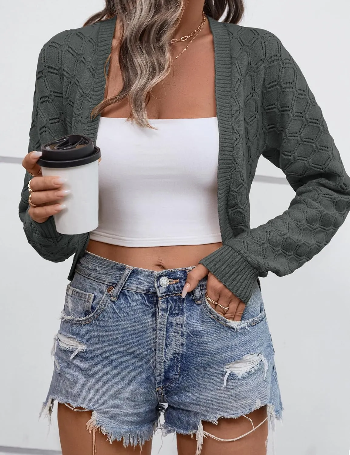 LOMON Womens Cropped Cardigan Bolero Shrugs for Dresses Knit Open Front Long Sleeve Sweater