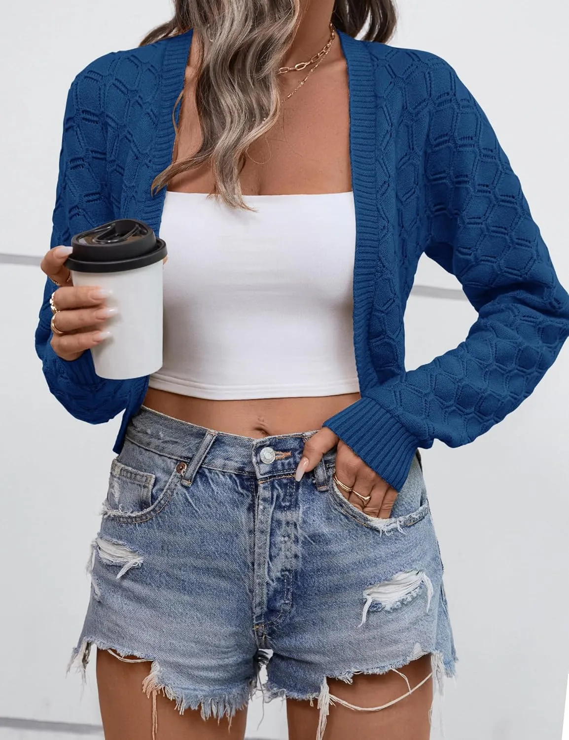 LOMON Womens Cropped Cardigan Bolero Shrugs for Dresses Knit Open Front Long Sleeve Sweater